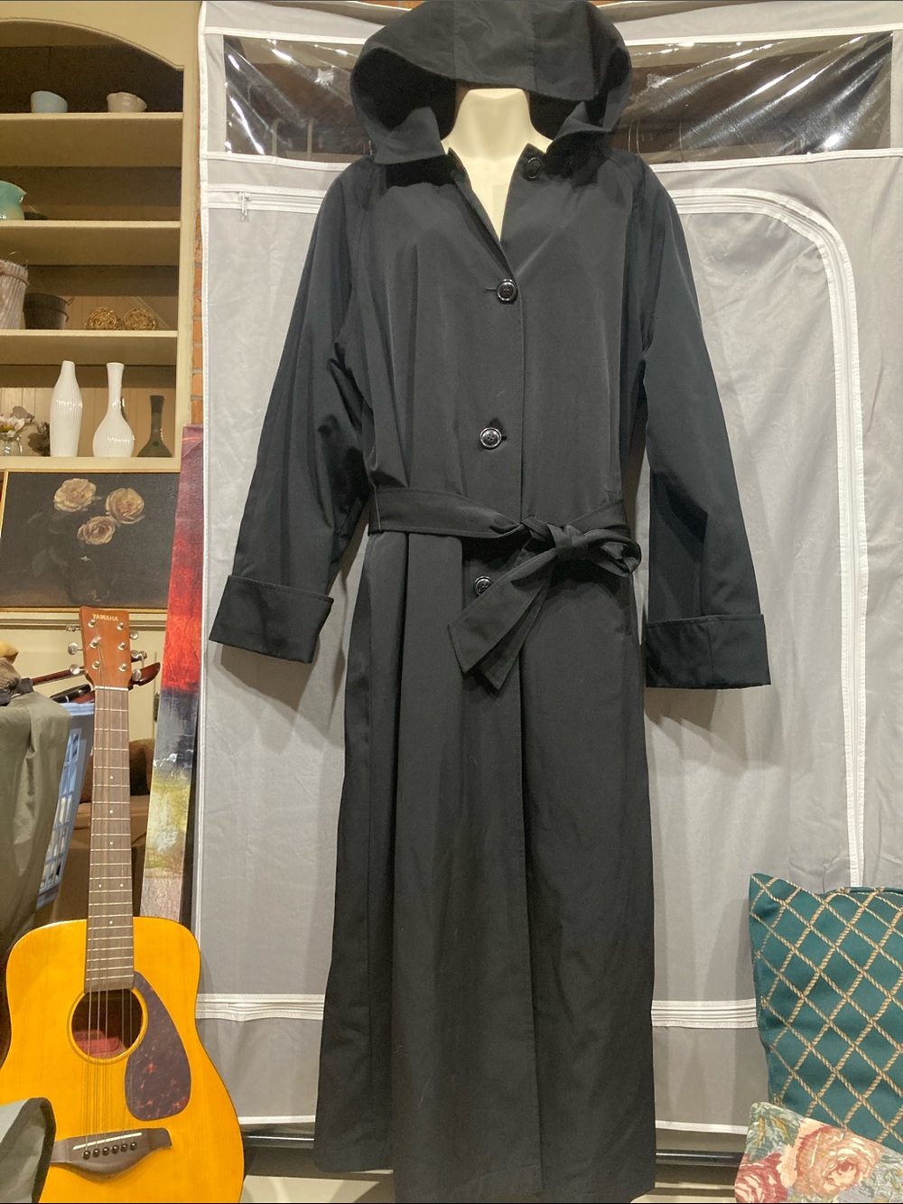 VINTAGE Marvin Richards Black Nylon Belted Trench Raincoat Removable Hood Sz 16